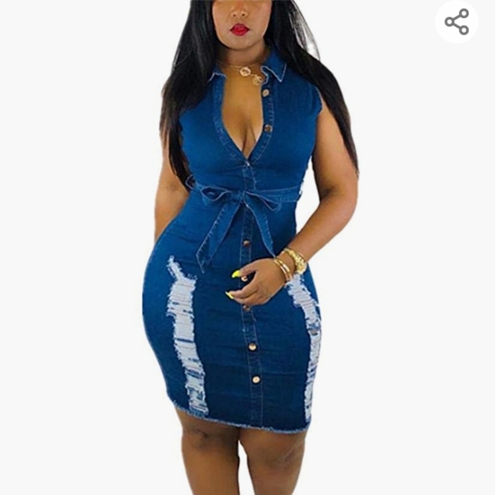 Womens Distressed Ripped Denim Midi Dress
